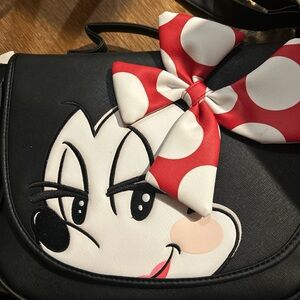 Minnie Mouse Crossbody Loungefly Bag with signature Red Polka Dot Bow.